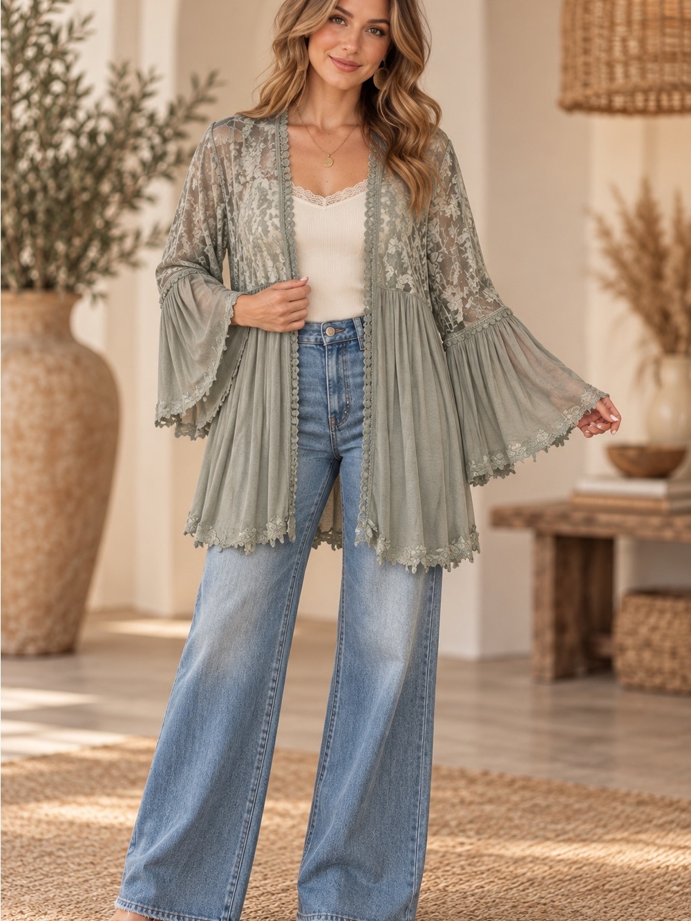POL Sage Green Lace Sheer Kimono (101089) ☀️  🌼